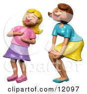 Clay Sculpture Of A Mother And Daughter Doubled Over Laughing Clipart Picture