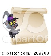 Black Cat Wearing A Witch Hat And Pointing To A Halloween Scroll Sign