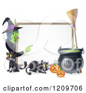 Poster, Art Print Of Witch Pointing To A White Board Sign With Black Cats Halloween Pumpkins A Cauldron And A Broomstick