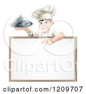 Cartoon Of A Happy Young Chef Holding A Platter And Pointing Down At A White Board Sign Royalty Free Vector Clipart