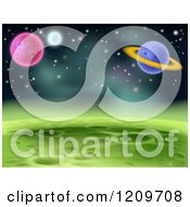 Poster, Art Print Of Green Cratered Foreign Planet Landscape With Other Planets And Stars