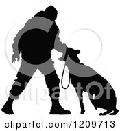Poster, Art Print Of Black Silhouetted Police Officer Training With His K9 Dog