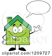 Happy Green Brick Home Mascot Waving And Talking