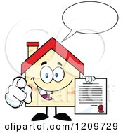 Cartoon Of A Happy Home Mascot Talking And Holding A Contract Royalty Free Vector Clipart