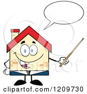 Poster, Art Print Of Happy Home Businessman Mascot Talking And Holding A Pointer Stick