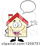 Cartoon Of A Happy Home Mascot Talking And Waving Royalty Free Vector Clipart