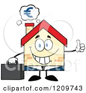 Poster, Art Print Of Happy Home Businessman Mascot Holding A Thumb Up Under A Euro Cloud