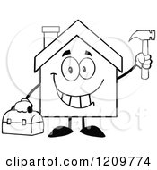 Poster, Art Print Of Black And White Happy Home Mascot Holding A Tool Box And Hammer
