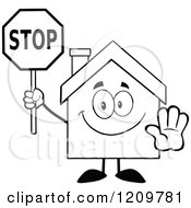 Cartoon Of A Black And White Happy Home Mascot Holding A Stop Sign Royalty Free Vector Clipart