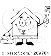 Poster, Art Print Of Black And White Happy Home Mascot Plumber Holding A Monkey Wrench And Tool Box
