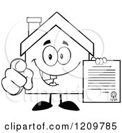 Poster, Art Print Of Black And White Happy Home Mascot Holding A Contract And Pointing Outwards