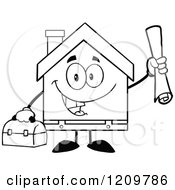 Poster, Art Print Of Black And White Happy Home Mascot Worker Holding Blueprints And A Tool Box