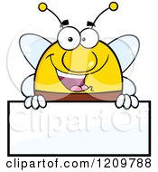 Cartoon Of A Happy Bee Mascot Over A Sign Royalty Free Vector Clipart
