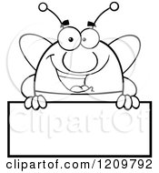 Poster, Art Print Of Black And White Happy Bee Mascot Over A Sign
