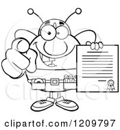 Poster, Art Print Of Black And White Happy Worker Bee Mascot Holding A Contract And Pointing Outwards