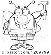 Poster, Art Print Of Black And White Happy Worker Bee Mascot Holding Up A Hammer