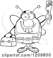 Poster, Art Print Of Black And White Happy Worker Bee Mascot Plumber Holding Up A Monkey Wrench