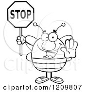 Cartoon Of A Black And White Happy Bee Holding A Stop Sign Royalty Free Vector Clipart