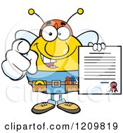 Poster, Art Print Of Happy Worker Bee Mascot Holding A Contract And Pointing Outwards