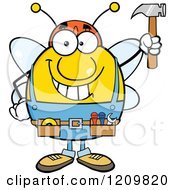 Poster, Art Print Of Happy Worker Bee Mascot Holding Up A Hammer