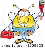Poster, Art Print Of Happy Worker Bee Mascot Plumber Holding Up A Monkey Wrench