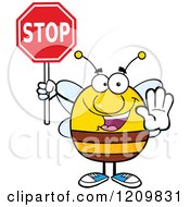 Cartoon Of A Happy Bee Holding A Stop Sign Royalty Free Vector Clipart