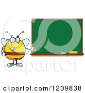 Poster, Art Print Of Happy Bee Teacher Holding A Pointer Stick To A Chalk Board