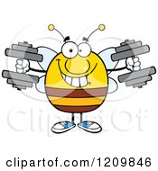 Cartoon Of A Happy Bee Working Out With Dumbbells Royalty Free Vector Clipart