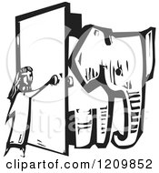 Girl Opening A Door And Letting An Elephant In A Room Black And White Woodcut