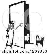 Girl Opening A Door For Her Cats Black And White Woodcut