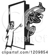 Girl Opening A Door For A Monster Black And White Woodcut