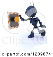 Poster, Art Print Of 3d Blue Android Robot Reaching To Push An Orange Button