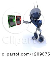 Clipart Of A 3d Blue Android Robot Deciding To Push A Go Or Stop Button Royalty Free CGI Illustration