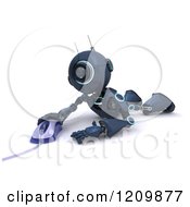Poster, Art Print Of 3d Blue Android Robot Using A Computer Mouse On A Floor