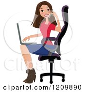 Poster, Art Print Of Happy Brunette Woman Talking On A Phone And Using A Laptop In A Chair