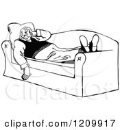 Clipart Of A Black And White Sick Man Resting On A Sofa Royalty Free Vector Illustration