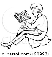 Clipart Of A Black And White Boy Reading A Book Royalty Free Vector Illustration
