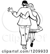 Clipart Of A Black And White Rear View Of A Couple Walking Royalty Free Vector Illustration