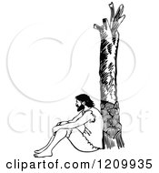 Clipart Of A Black And White Man Leaning Against A Tree On A Deserted Island Royalty Free Vector Illustration