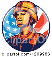 Clipart Of A Retro Military Soldier Over An American Flag Circle Royalty Free Vector Illustration