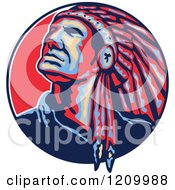 Poster, Art Print Of Native American Indian Chief In A Feathered Headdress Looking Up In A Circle