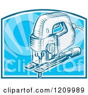 Clipart Of A Retro Electric Jigsaw Tool Over Blue Rays Royalty Free Vector Illustration