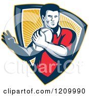 Poster, Art Print Of Retro Rugby Player With A Ball In A Ray Shield