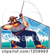 Poster, Art Print Of Retro Fly Fisherman Casting And Reeling Over Mountains