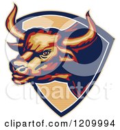 Clipart Of A Retro Angry Longhorn Bull Emerging From A Shield Royalty Free Vector Illustration