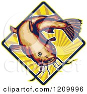 Poster, Art Print Of Retro Ray Finned Catfish Over A Sun Burst Diamond