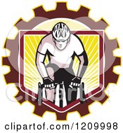 Poster, Art Print Of Retro Male Cyclist Riding Over A Gear Shield Of Rays
