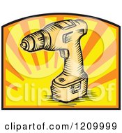 Clipart Of A Retro Power Drill Over A Sun Burst Royalty Free Vector Illustration