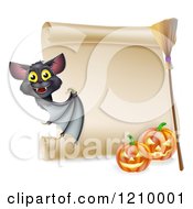 Poster, Art Print Of Vampire Bat With A Halloween Scroll Sign A Broomstick And Pumpkins