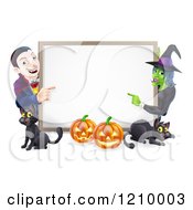 Poster, Art Print Of Happy Vampire Witch Pumpkins And Black Cats Around A Blank Sign